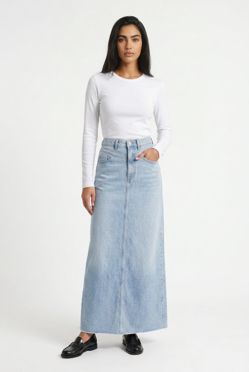 Denim maxi nederdel A-line til kontoret – Blå