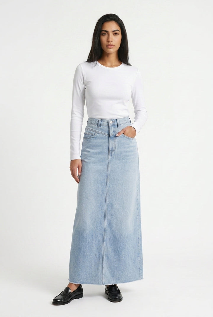 Denim maxi nederdel A-line til kontoret – Blå