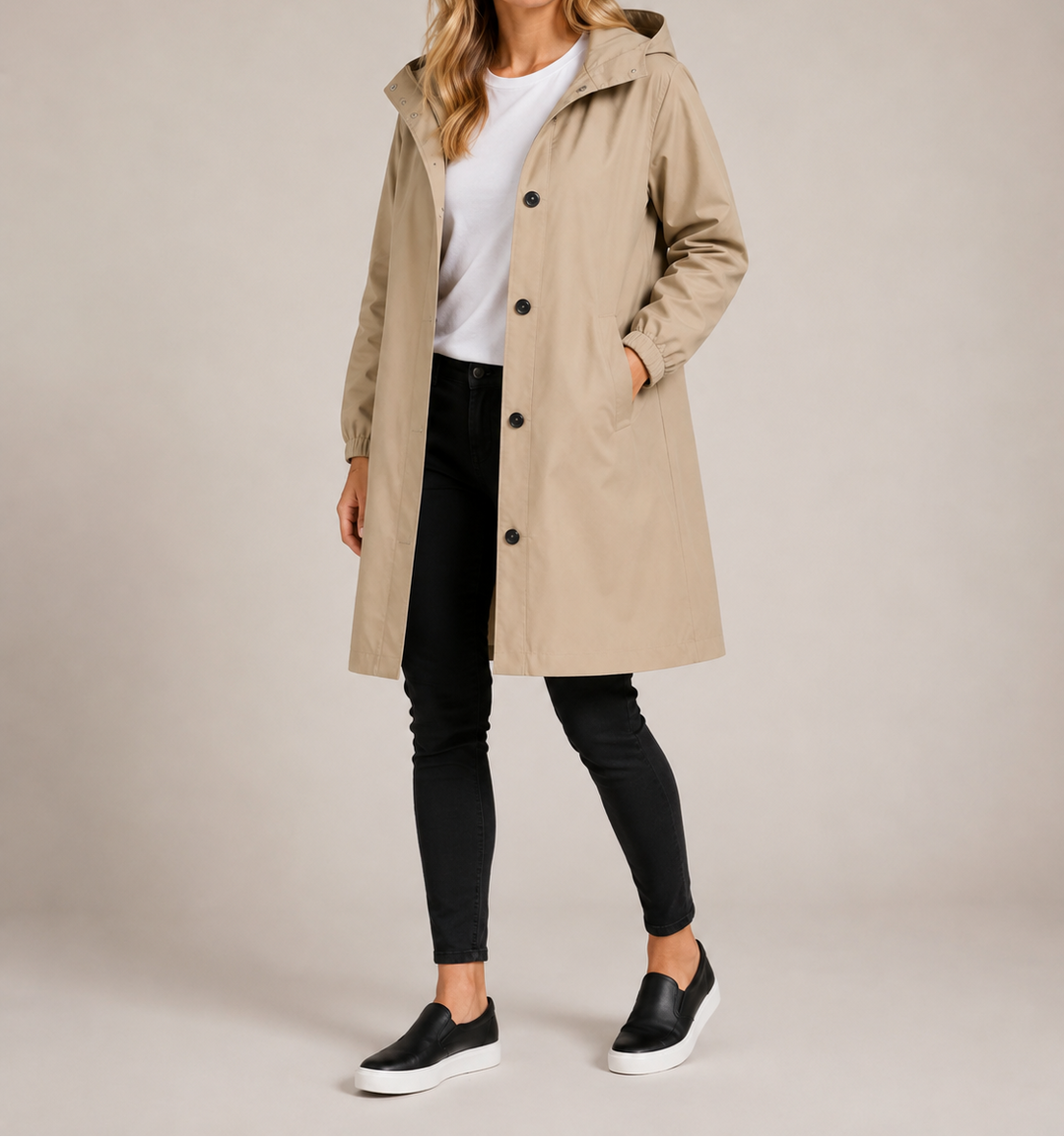 A-line midi regnjakke med hætte – Beige