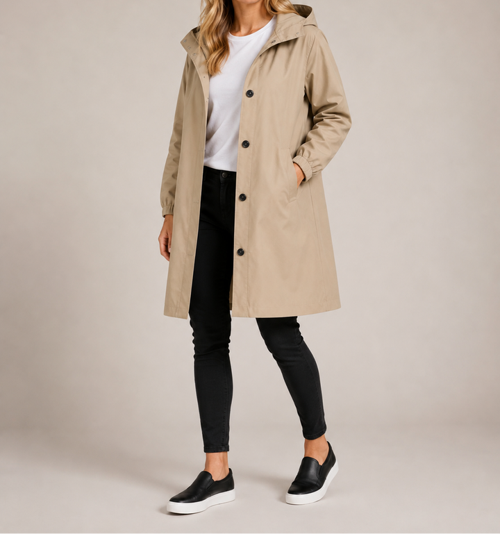 A-line midi regnjakke med hætte – Beige