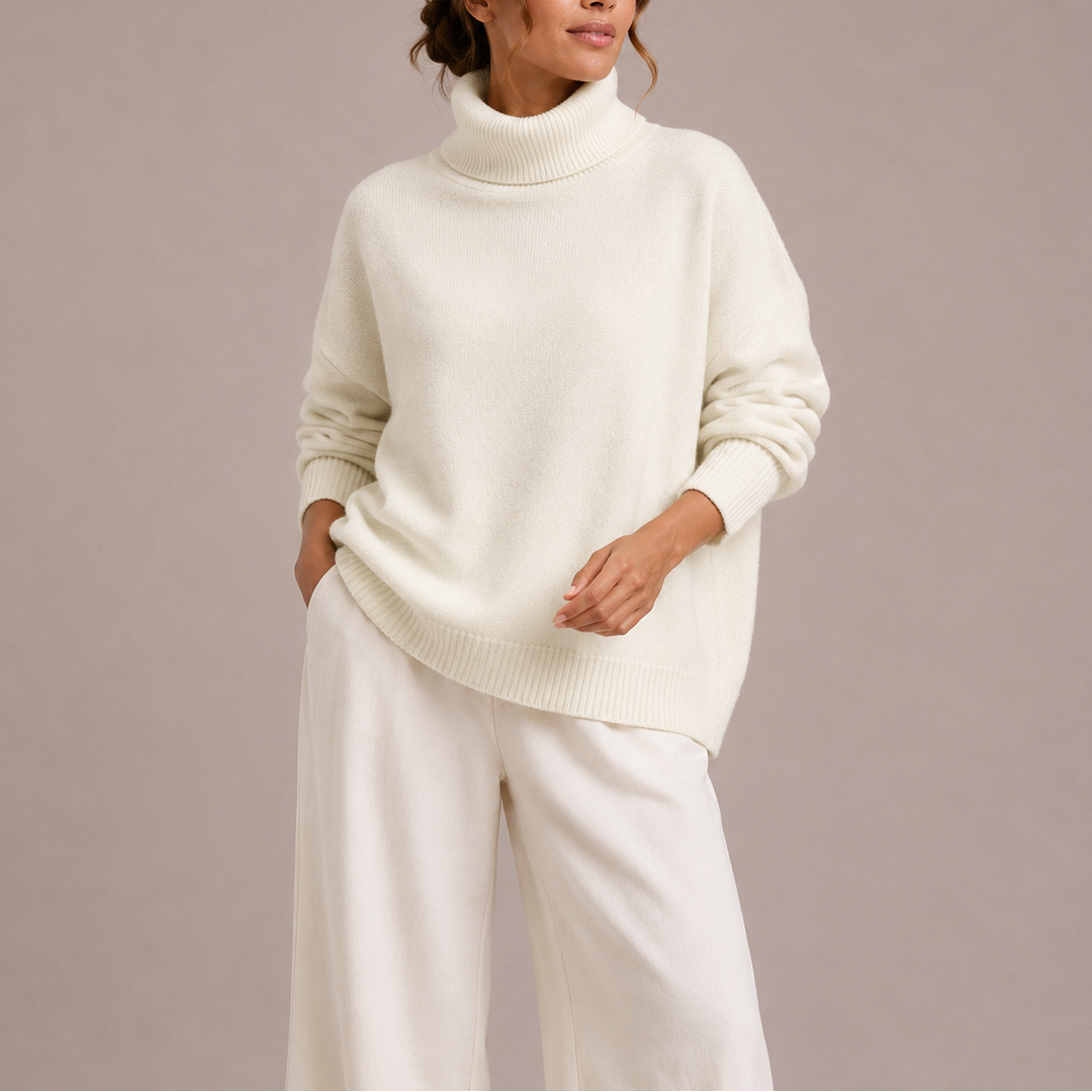 Oversized striktrøje med rullekrave – Hvid
