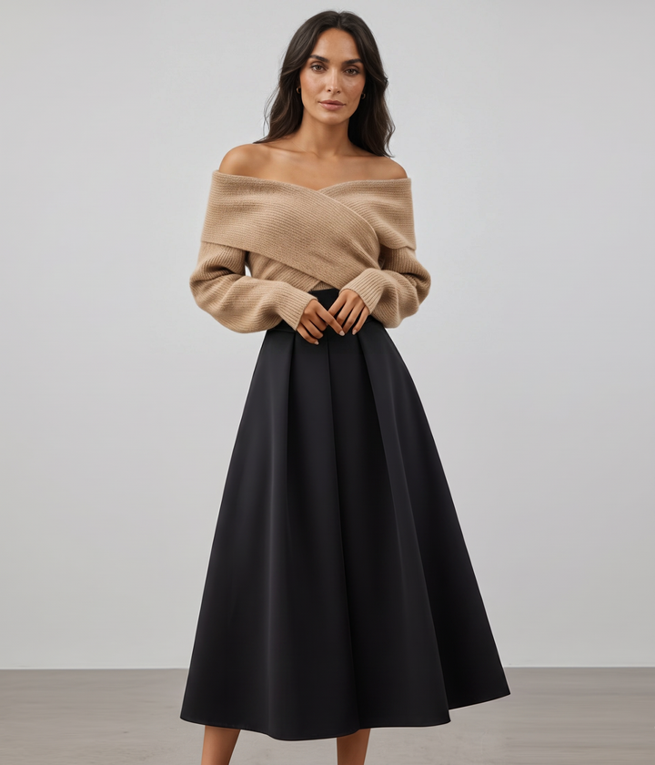 Off-shoulder sæt med strik og nederdel til fest – Brun
