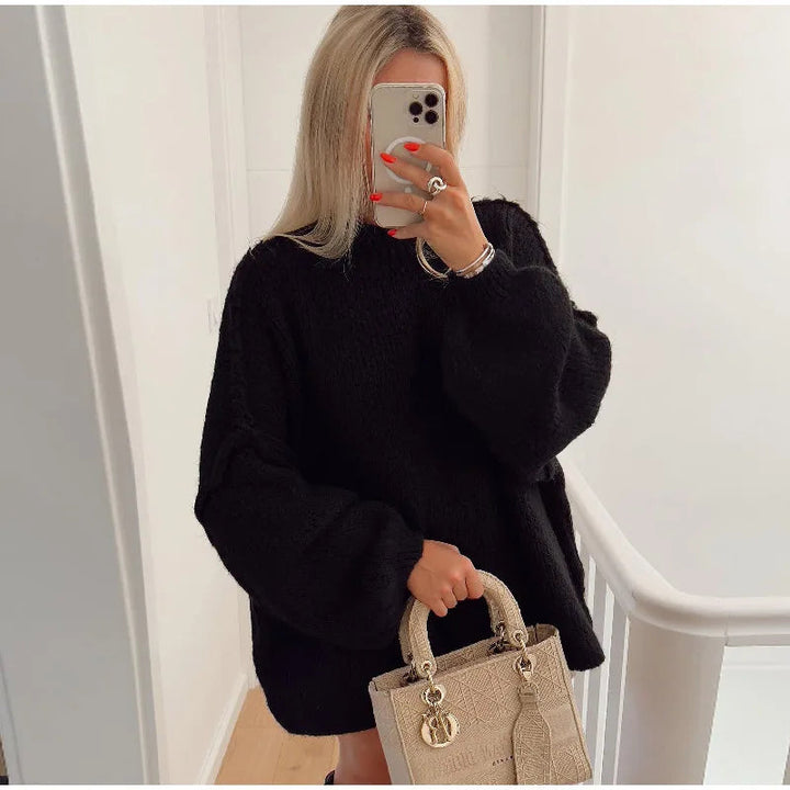 Oversized striktrøje med bishop-ærmer – Sort