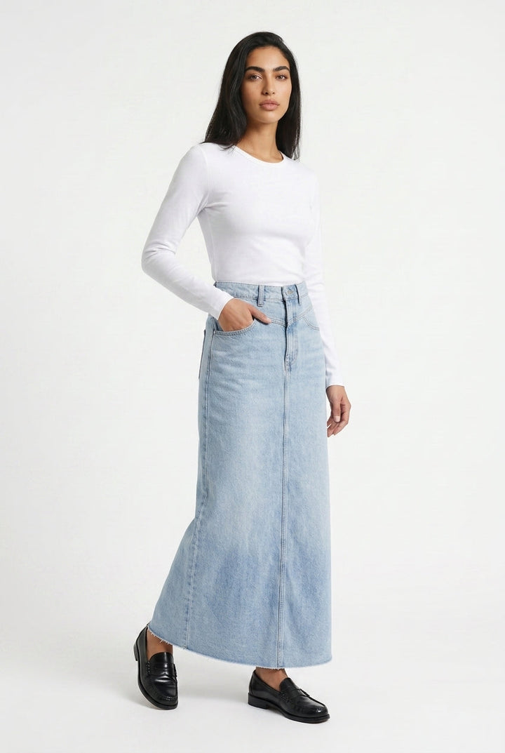 Denim maxi nederdel A-line til kontoret