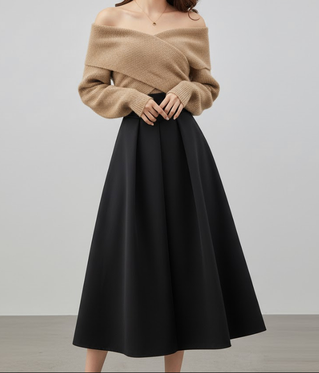 Off-shoulder sæt med strik og nederdel til fest