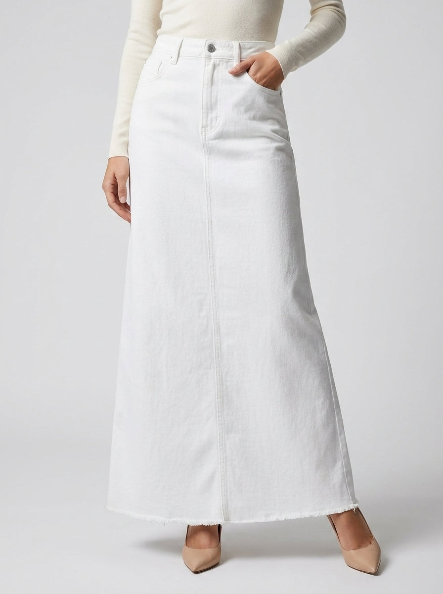 Denim maxi nederdel A-line til kontoret – Hvid