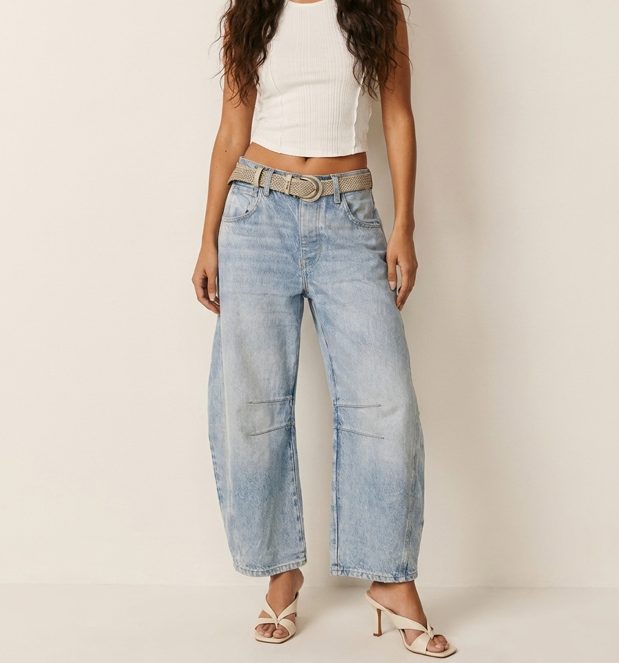 Barrel jeans med høj talje og panelsøm – Lyseblå