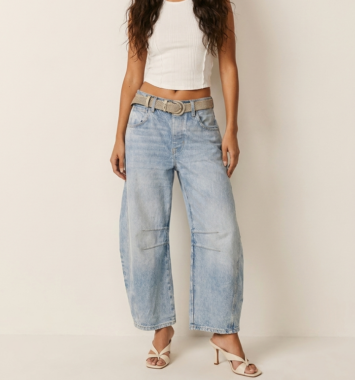 Barrel jeans med høj talje og panelsøm – Lyseblå