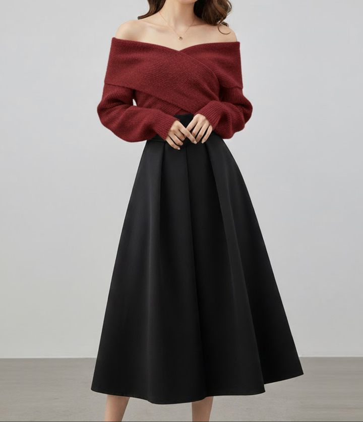 Off-shoulder sæt med strik og nederdel til fest – Rød