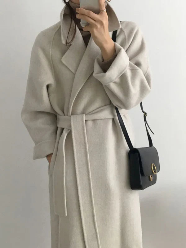 Uldblandet frakke med bælte - longline – Beige