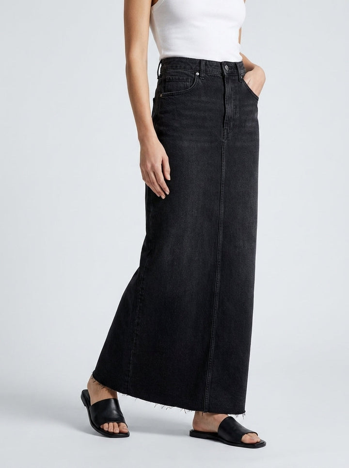 Denim maxi nederdel A-line til kontoret – Sort