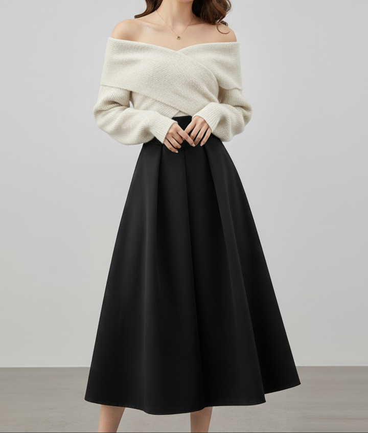 Off-shoulder sæt med strik og nederdel til fest – Hvid