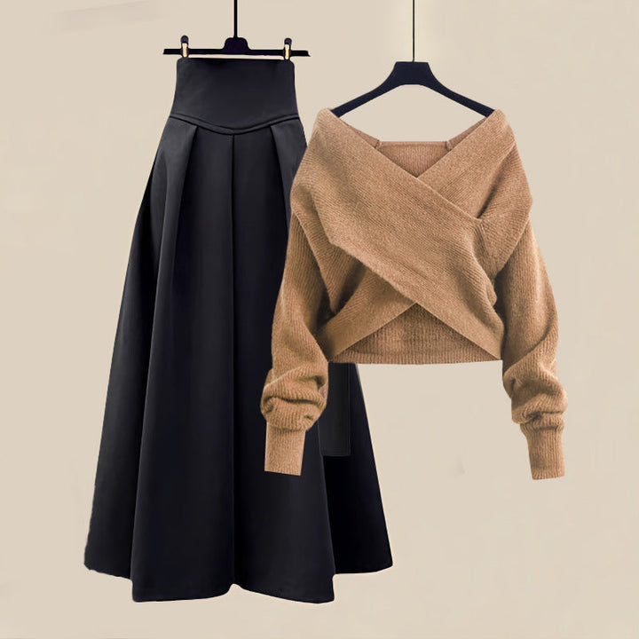 Off-shoulder sæt med strik og nederdel til fest