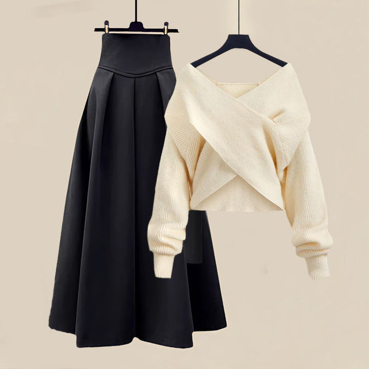 Off-shoulder sæt med strik og nederdel til fest