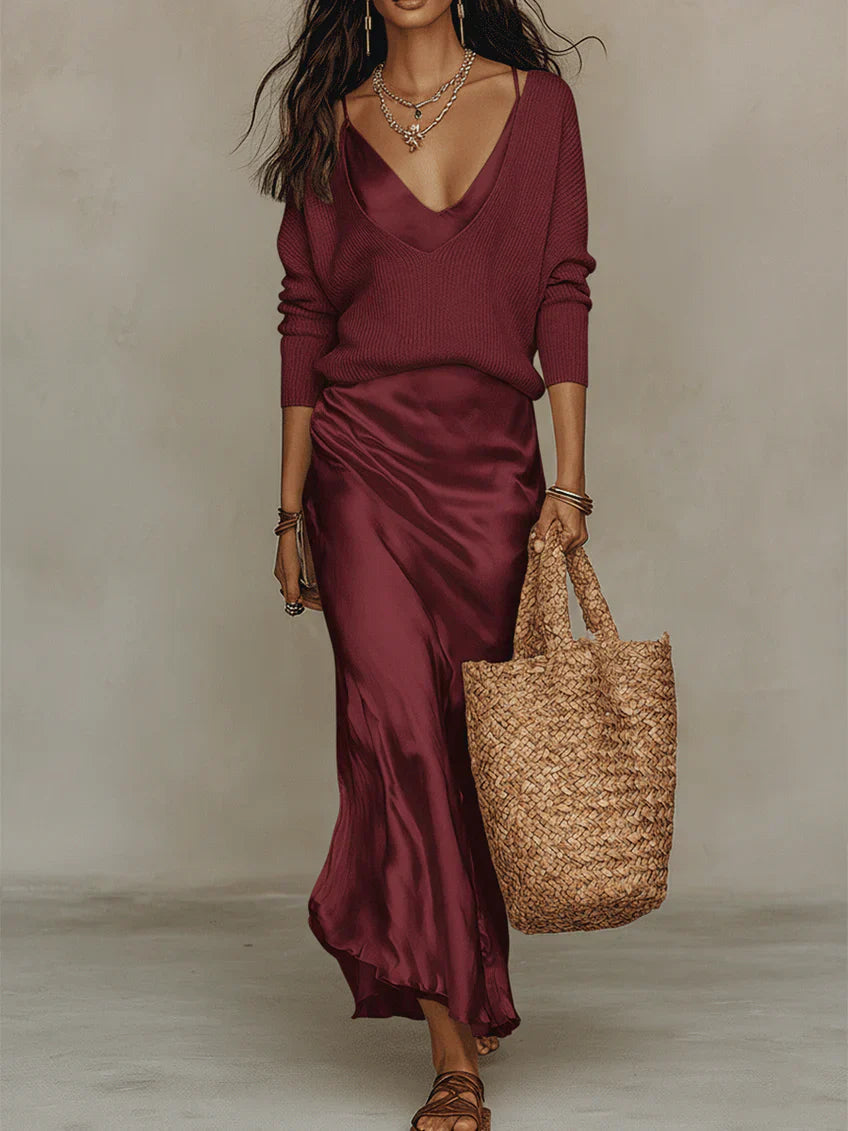 Strik og satin sæt - to-delt look til fest – Bordeaux