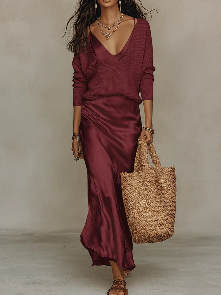 Strik og satin sæt - to-delt look til fest – Bordeaux