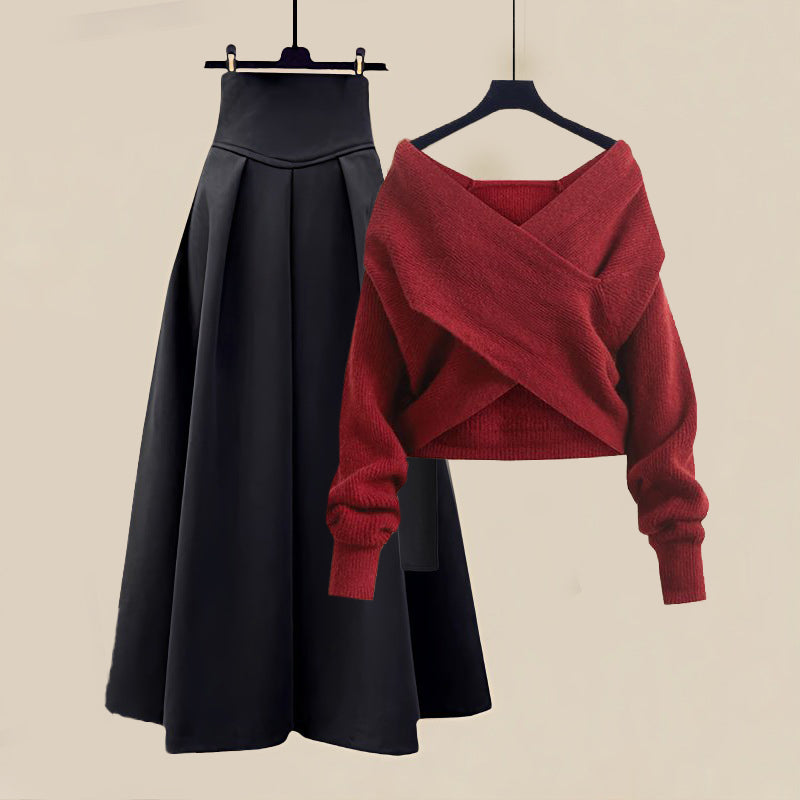 Off-shoulder sæt med strik og nederdel til fest