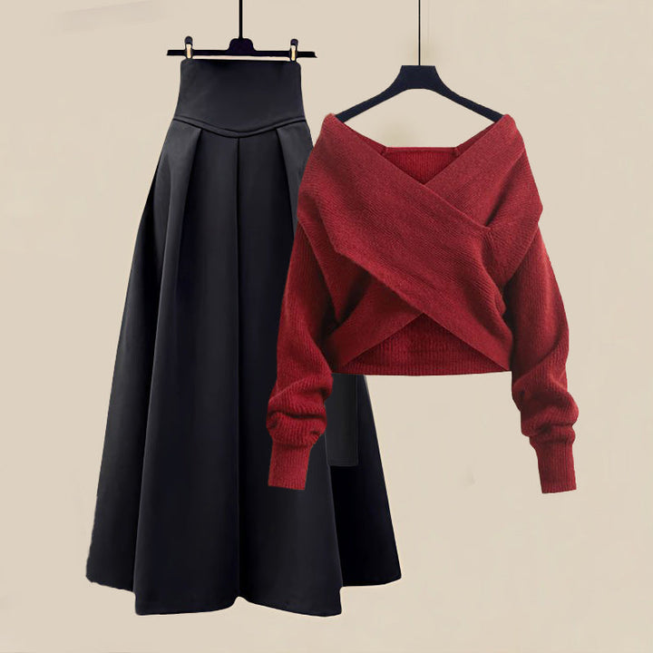 Off-shoulder sæt med strik og nederdel til fest
